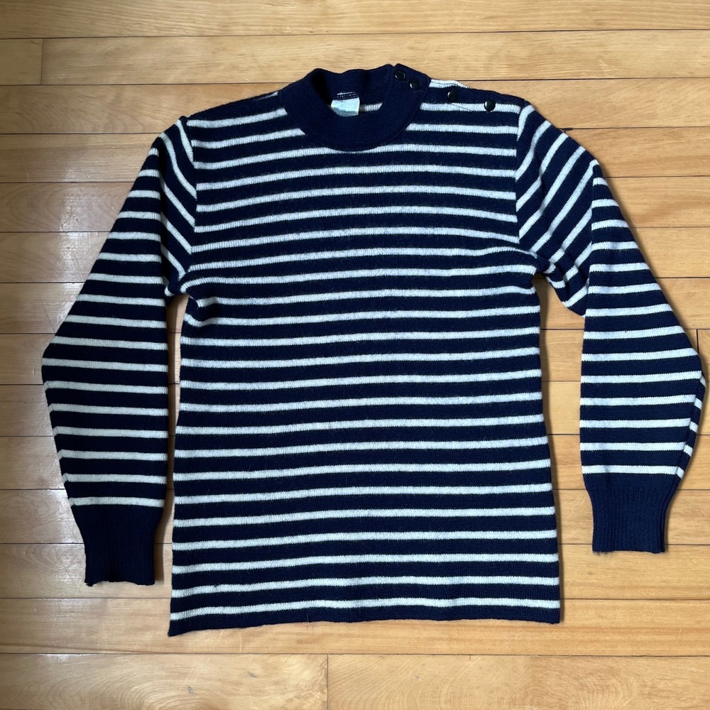 Le Minor France Pure Virgin Wool Breton Striped Button Shoulder Sweater Navy L